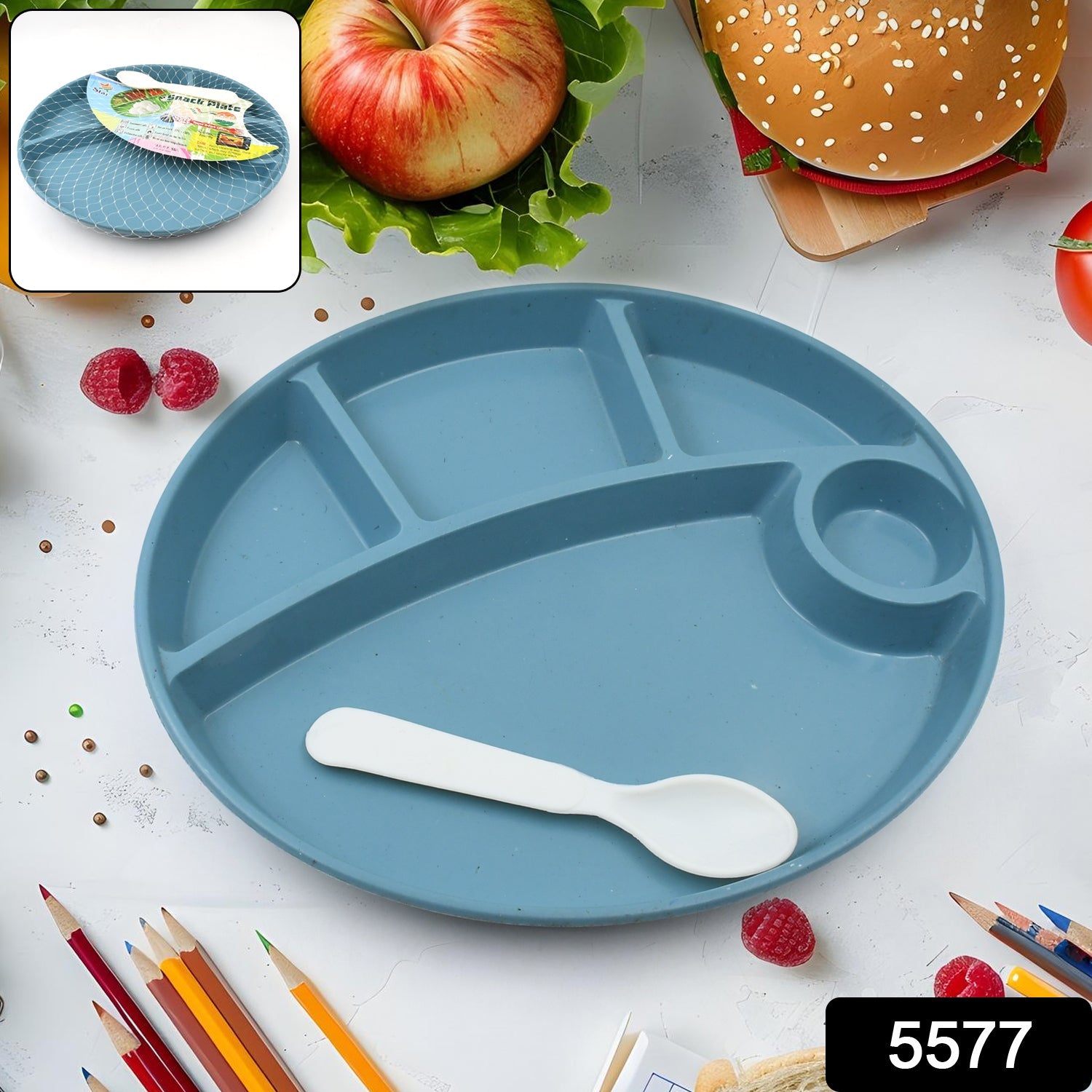 Plastic Food Plates / Biodegradable 5 Compartment Plate With Spoon for Food Snacks / Nuts / Desserts Plates for Kids, Reusable Plates for Outdoor, Camping, BPA-free (1 Pc) Plastic Food Plates / Biodegradable 5 Compartment Plate With Spoon for Food Snacks / Nuts / Desserts Plates for Kids, Reusable Plates for Outdoor, Camping, BPA-free (1 Pc)